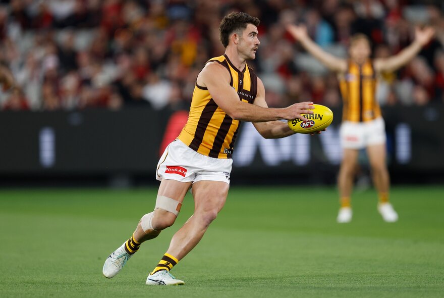 A Hawthorn AFL football player with the ball during a match, looking like he is about to kick it.