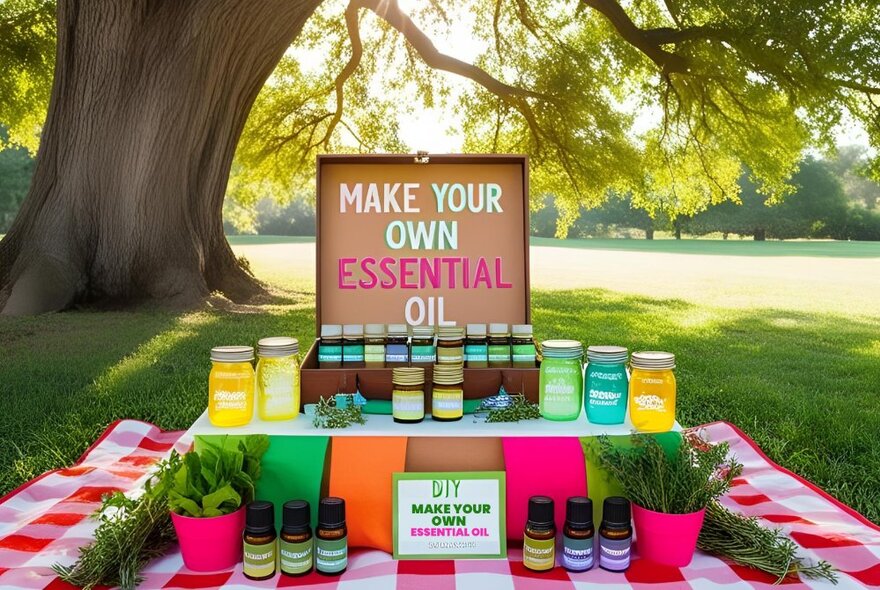 A DIY essential oils station set up on the grass in a park under a beautiful big tree.