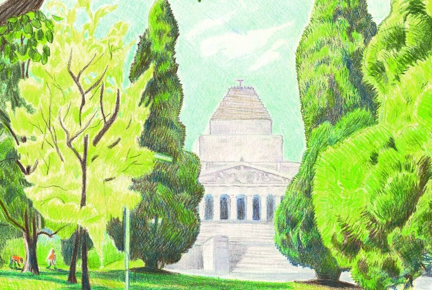 Illustration from a graphic novel about the Shrine of Remembrance depicting the Shrine in the background with an avenue of trees leading up to it.