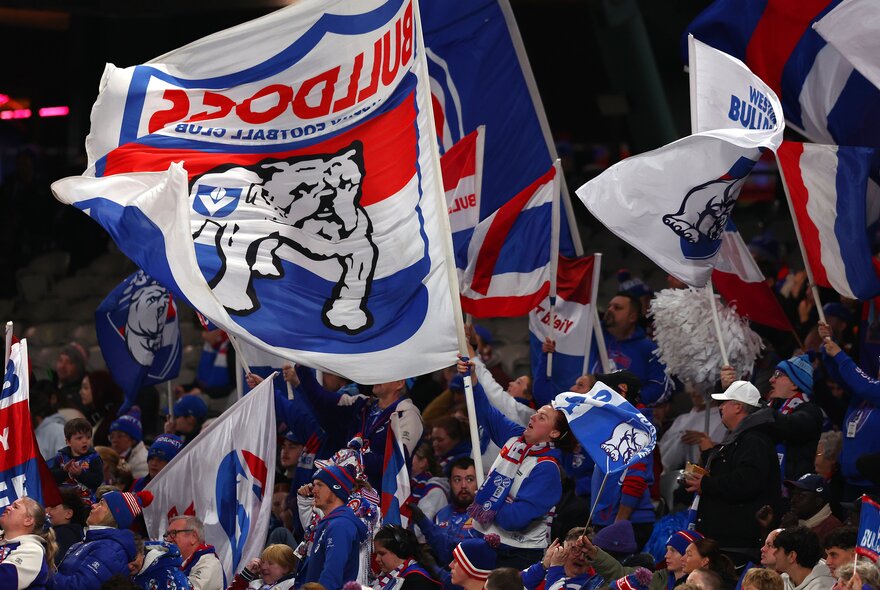 Western Bulldogs AFL fans waving flags and banners in the stands during a match.