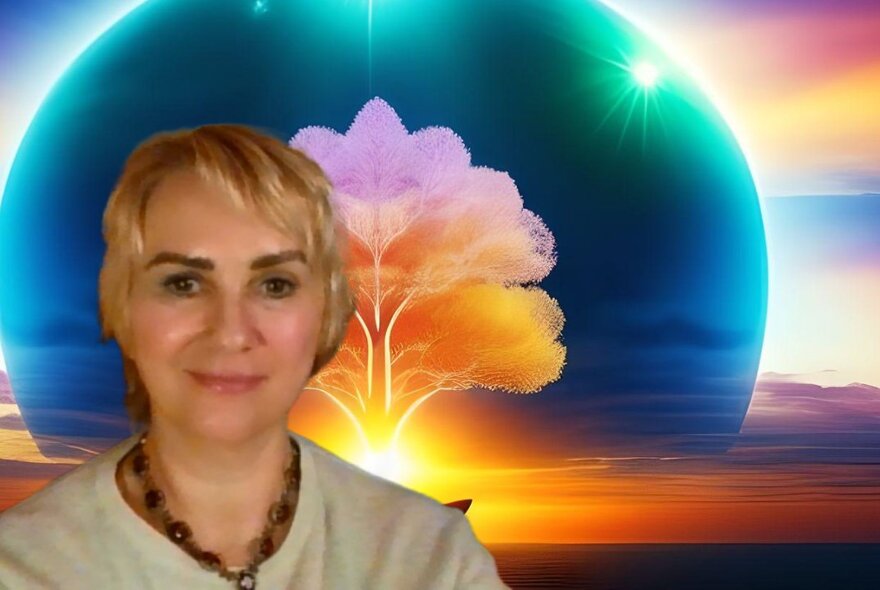 Woman superimposed over image of celestial tree and globe with rainbow colours.
