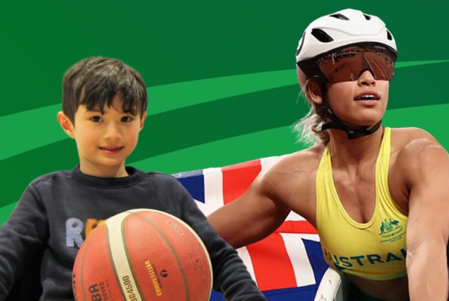 A primary school aged child with a basketball, sitting next to a Australian Paralympian cyclist.