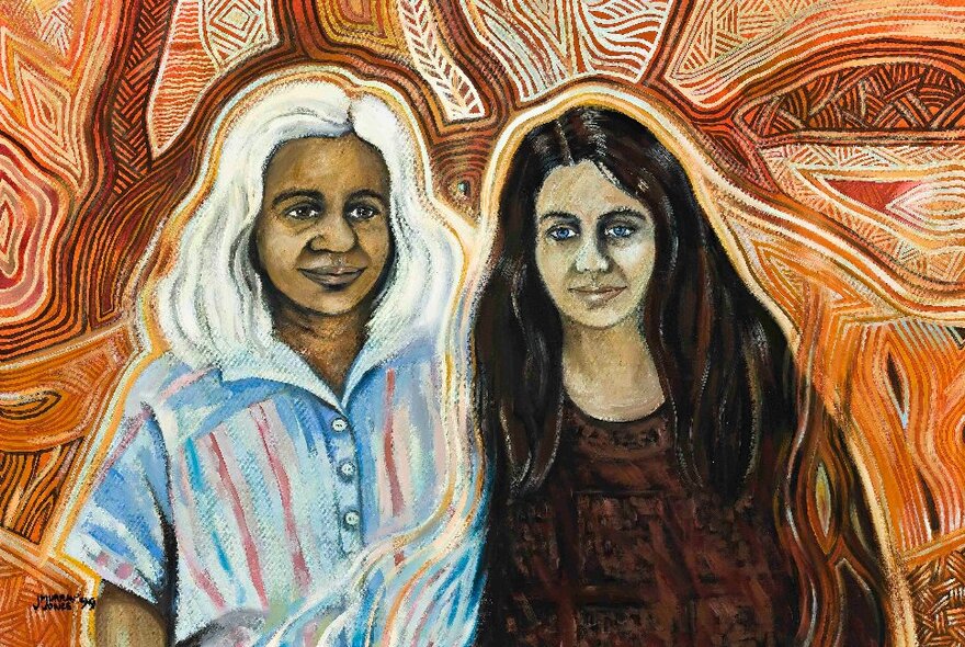 First Nations painting of two women, one with dark hair and and one with white hair, with a traditional painting background. 