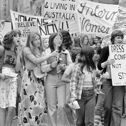 Historic photo of protesters at a women's rights demonstration.