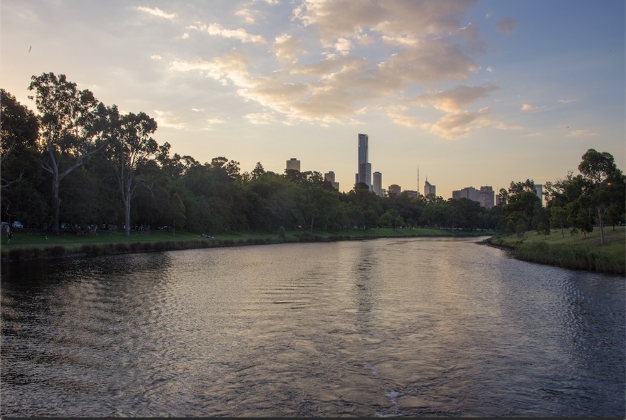 Melbourne's city centre at dusk from the Yarra River.