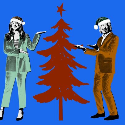 Artwork for RocKwiz's Very Merry Christmas show, with stylized single colour depictions of host Julia Zemiro and quizmaster Brian Nankervis standing next to a red Christmas tree; on a blue background.