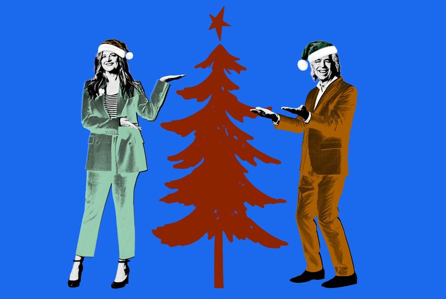 Artwork for RocKwiz's Very Merry Christmas show, with stylized single colour depictions of host Julia Zemiro and quizmaster Brian Nankervis standing next to a red Christmas tree; on a blue background.