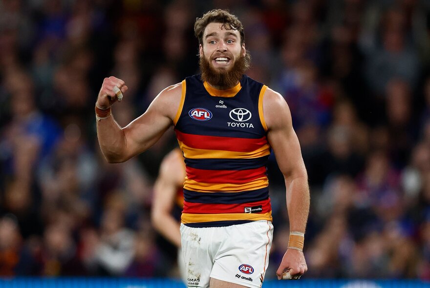 Adelaide AFL football player with arms outstretched during a match.
