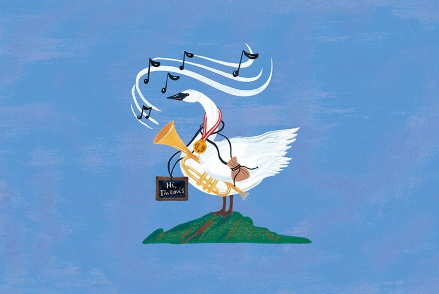 A hand-painted illustration of a young swan holding a trumpet under its wing, musical notes playing from the trumpet.