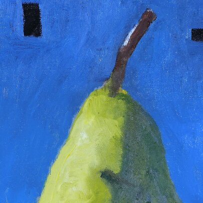 Part of an oil painting showing the top half of a pear against a blue background.