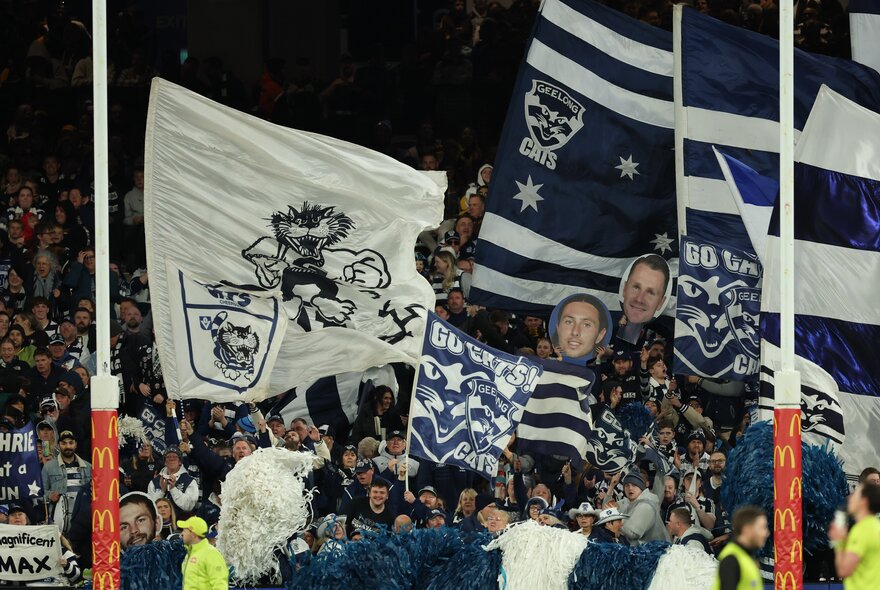 A crowd of AFL fans at a sports stadium, seated behind the goals, mostly waving Geelong colours, flags and banners.