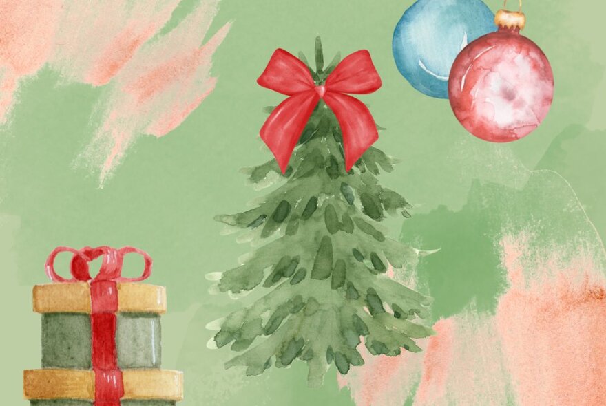 Christmas card design with gifts, baubles and a tree.