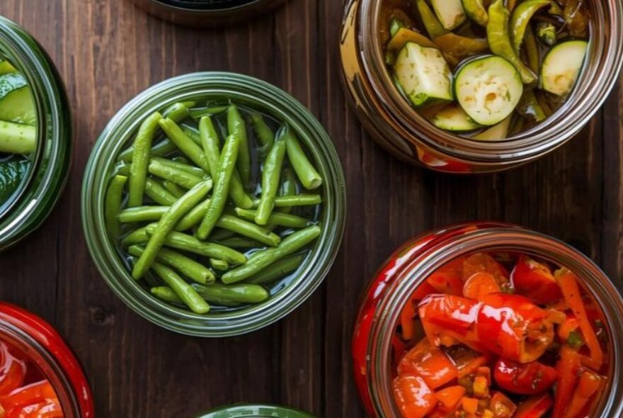 Looking down at a series of open glass jars that contain sliced red chillies, green beans, and zucchini, ready for pickling.