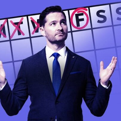 Charlie Pickering wearing a suit and tie, his arms raised, in front of a calendar with F for Friday circled.