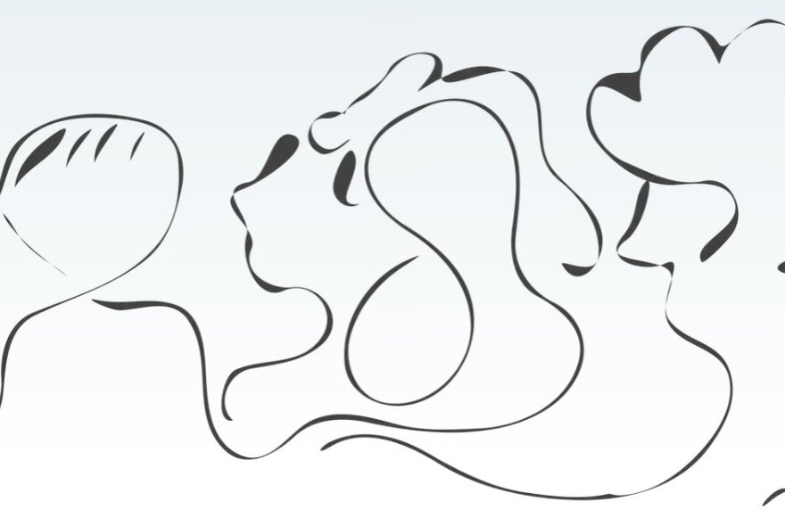 A loopy drawing of people listening with connected wires.