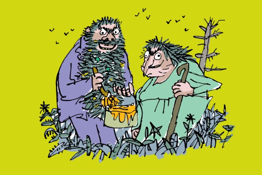 A cartoon illustration of The Twits, characters from the Roald Dahl story.