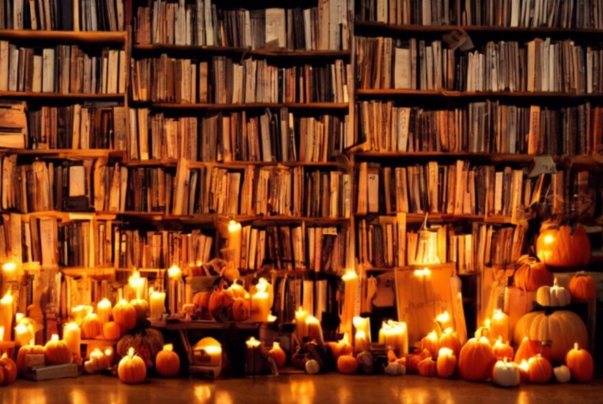 A row of candles illuminating shelves of books in a library.