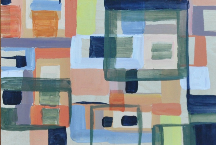 An abstract artwork that is a series of mostly colourful and different-sized squares overlayed on top of each other in a seemingly random pattern.