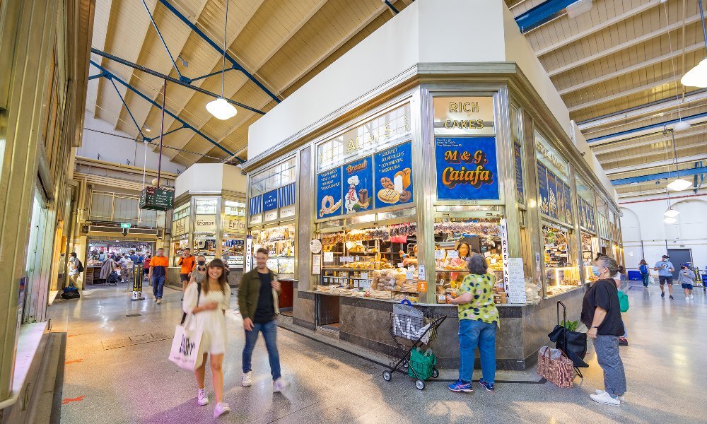 Inside a bustling market hall