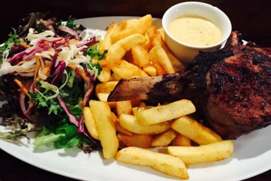 Plate with meat, chips and coleslaw.