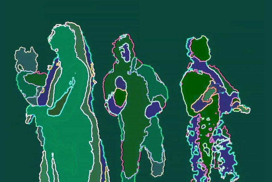 Computer generated line image of people dancing in shades of green and blue.