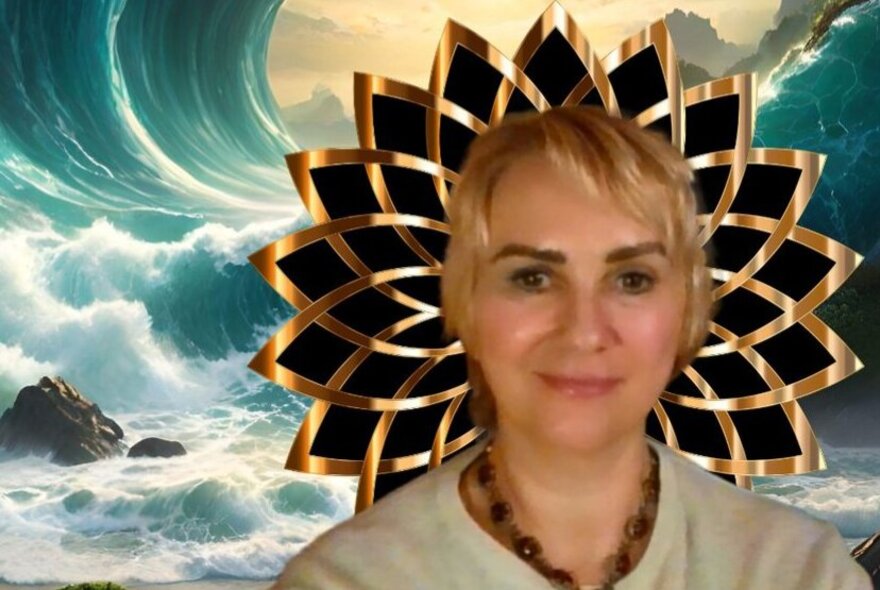 Blonde woman with dark eyebrows with lotus halo and waves crashing in the background.