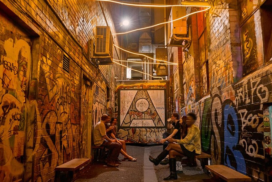 A group of friends sitting on benches in a graffiti covered laneway