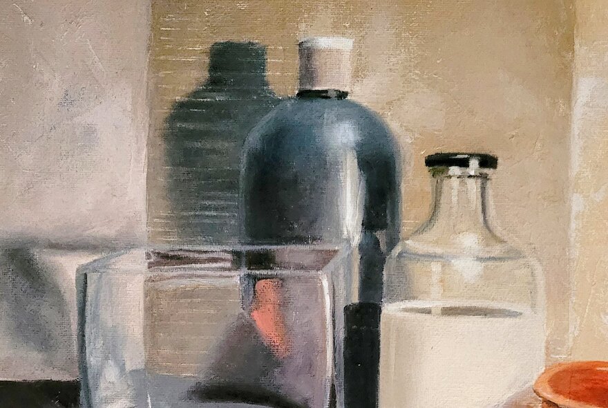 Still life oil painting of vessels and bottles against a pale background.