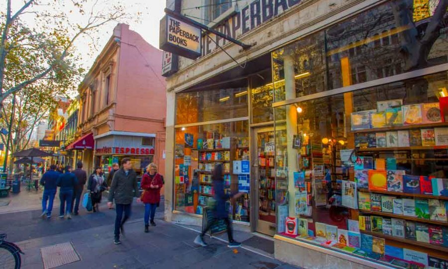 Outside a bookshop on a city street