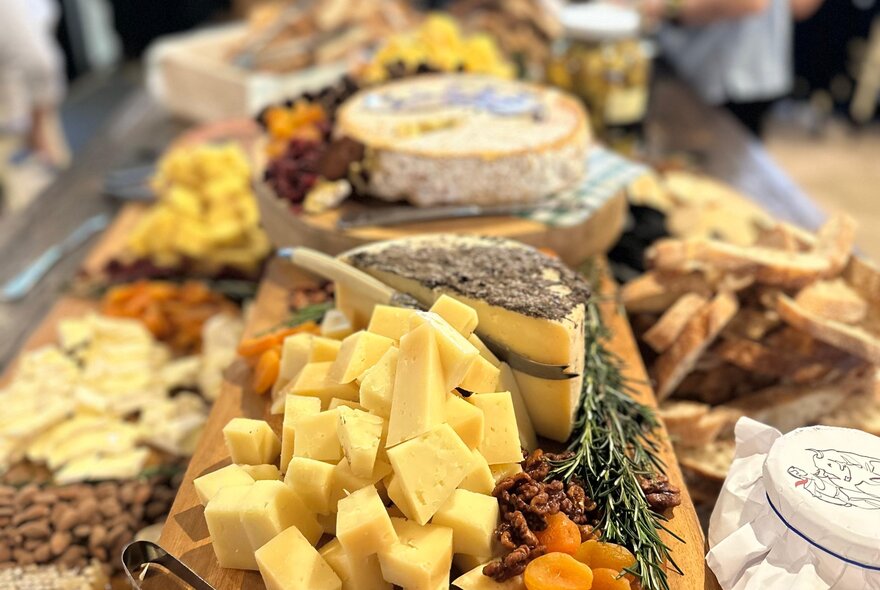 A long cheese board with a variety of cheeses on offer. 