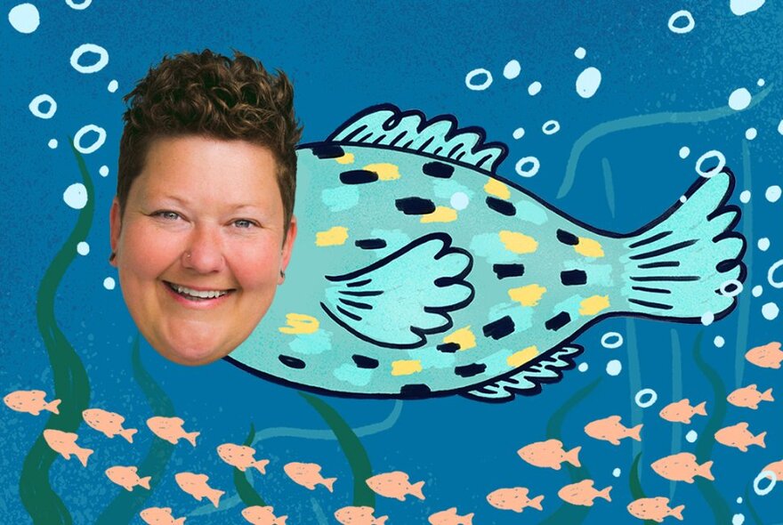 Comedian Kirsty Webeck's face superimposed on a cartoonish illustration of a fish in the sea with a school of smaller fish swimming underneath. 