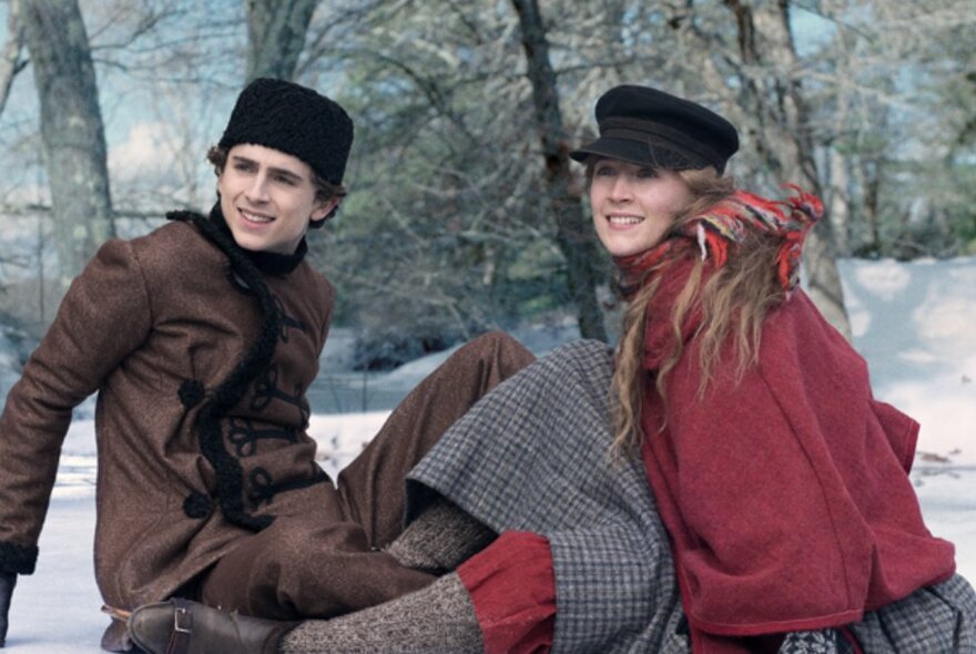 Actor Timothée Chalamet and actor in a snoww setting.