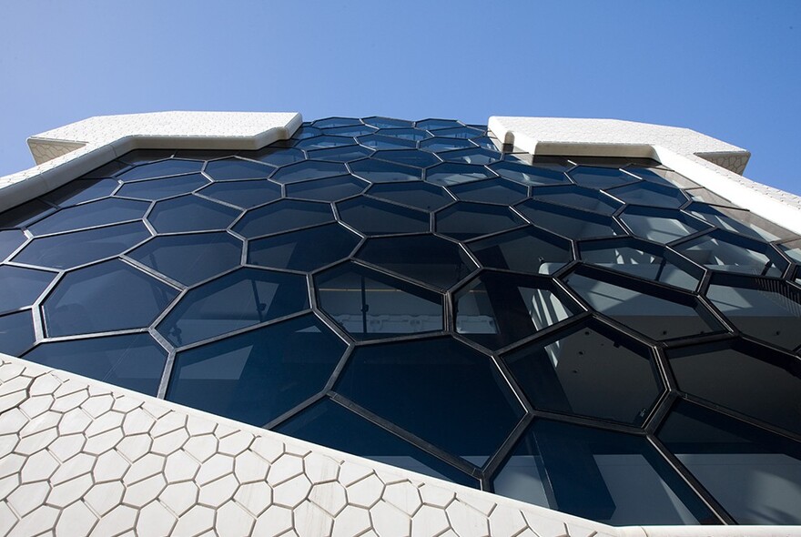 Close up of the honeycomb-patterned glass on the exterior of the Melbourne Recital Centre.