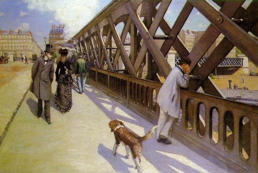 An oil painting depicting the French aristocracy walking across a bridge in Paris.