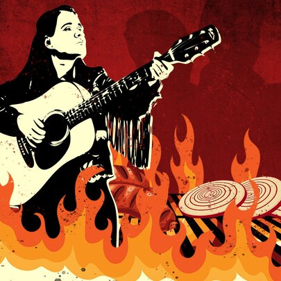Artwork showing a black and white image of a guitarist on a coloured BBQ surrounded by orange flames. 