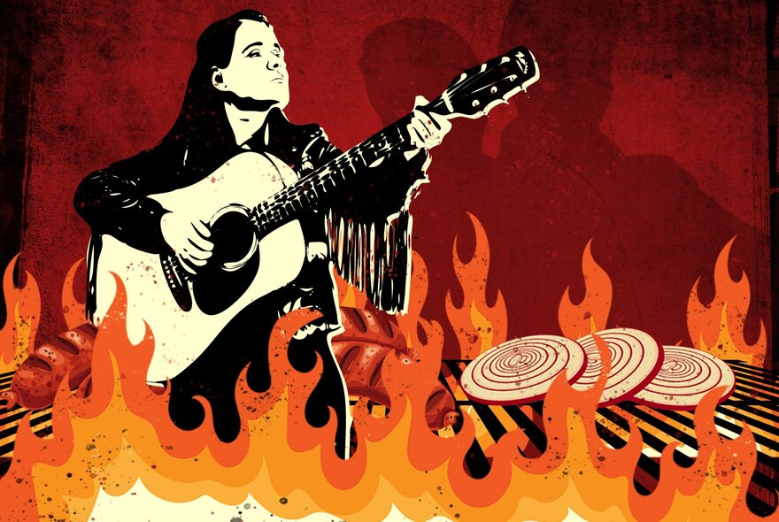 Artwork showing a black and white image of a guitarist on a coloured BBQ surrounded by orange flames. 