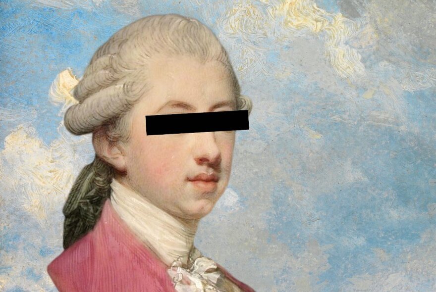 An oil painting of a Regency gentleman wearing a white curled wig, cravat and pink coat in front of a blue cloudy sky, with a black strike over his eyes.