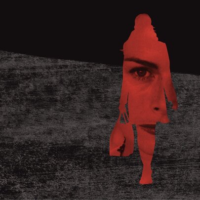 A woman's face outlined in the shape of a woman carrying a case, against an abstract background.