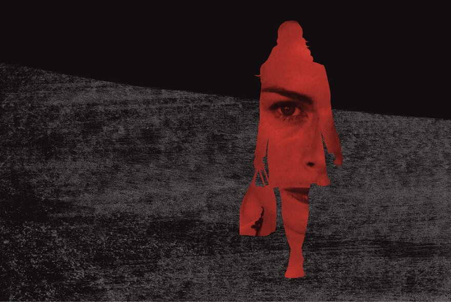 A woman's face outlined in the shape of a woman carrying a case, against an abstract background.