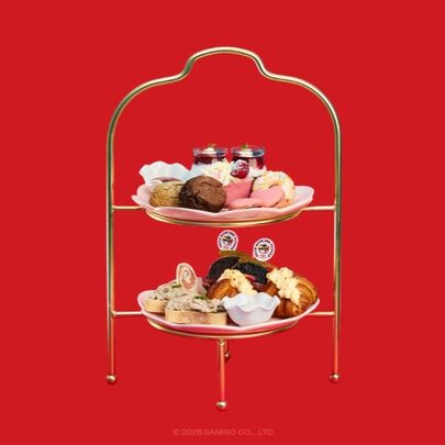 A tiered High Tea plate of savoury and sweet food served at Hello Kitty and Friends cafe.