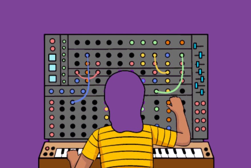 Illustration of a person with purple hair playing a large modular synthesizer.