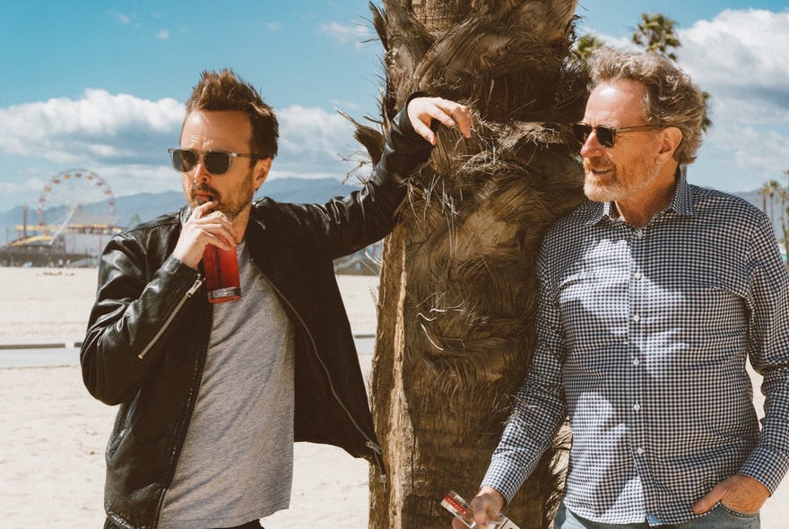 Aaron Paul and Bryan Cranston in a desert setting leaning against a tree wearing sunglasses.