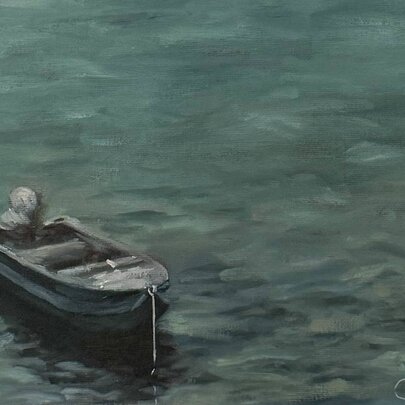 Painting of a boat adrift on a body of water.