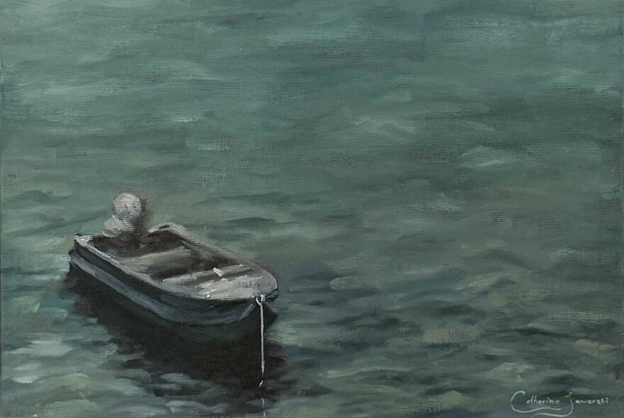 Painting of a boat adrift on a body of water.