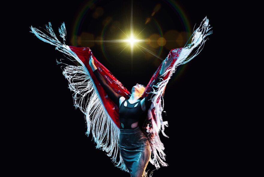 A flamenco performer on stage, with their arms raised above them and waving a fringed shawl behind their back.