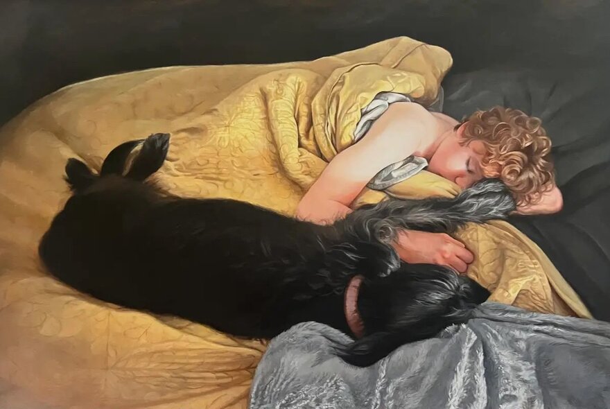 Artwork of a person lying in bed with a large black dog.