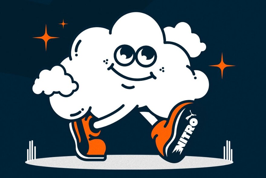 Cartoon cloud walking past stars, wearing running shoes.