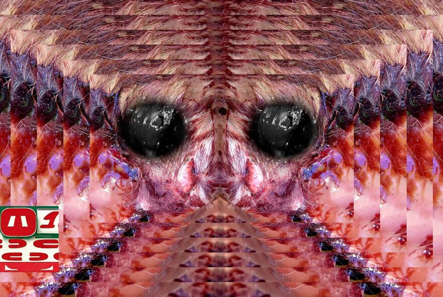 Still from film Worm Pornography, with the head of a furry insect multiplied many times and mirrored as if viewed through a kaleidoscope.