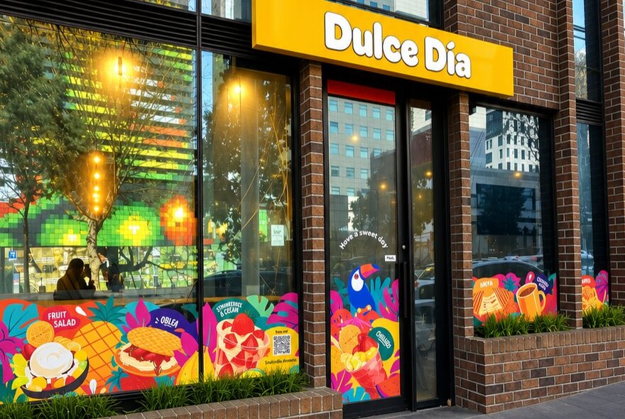 Colourful exterior of a shop with painted images of fruit on the glass window, and the words Dulce Dia above the entrance.