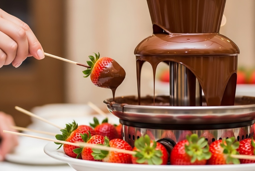 A hand holding a strawberry on a wooden skewer underneath a flowing chocolate fountain.